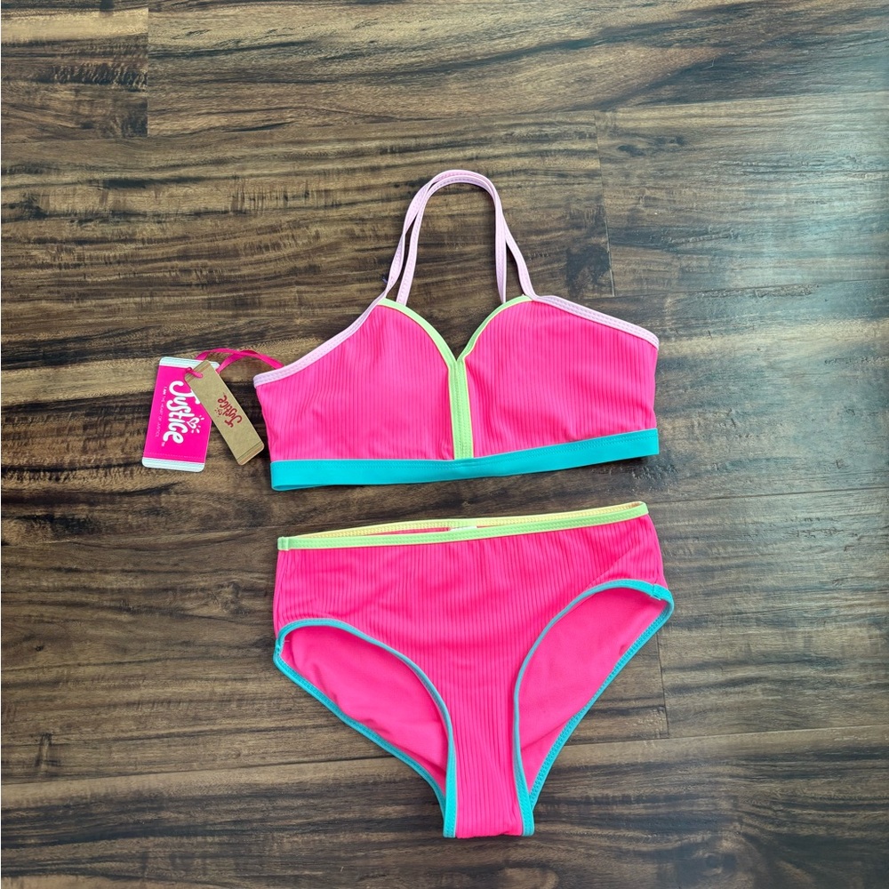Justice Girls Pink Colorblock Ribbed Bikini with Neon Green and Teal Trim